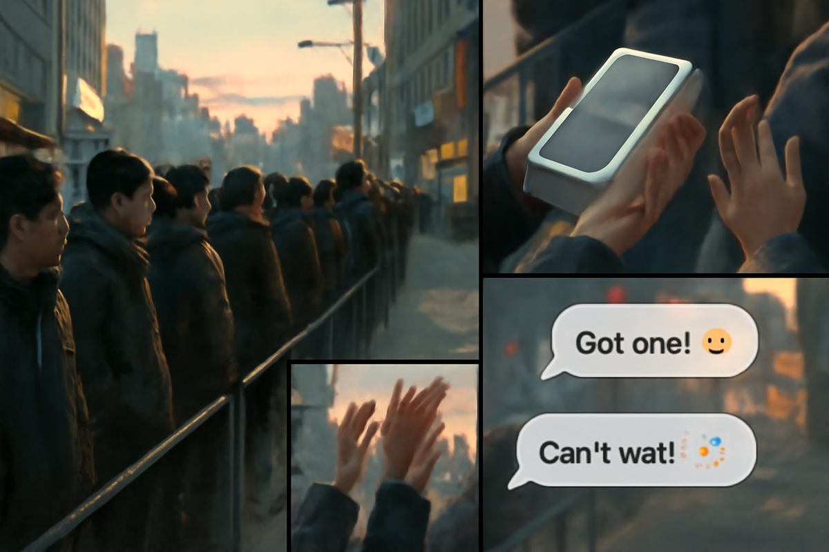 Real-world purchase buzz—dawn queue, hands lifting a generic smartphone box, chat bubbles saying “Got one!”—authentic joy, FOMO, communal hype