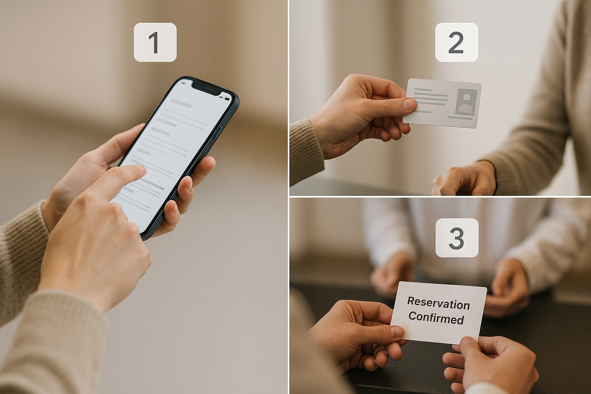 Frictionless reservation steps—1) fill form on phone, 2) show ID, 3) “Reservation Confirmed” card—calm clarity, low-stress process, confidence unlocked