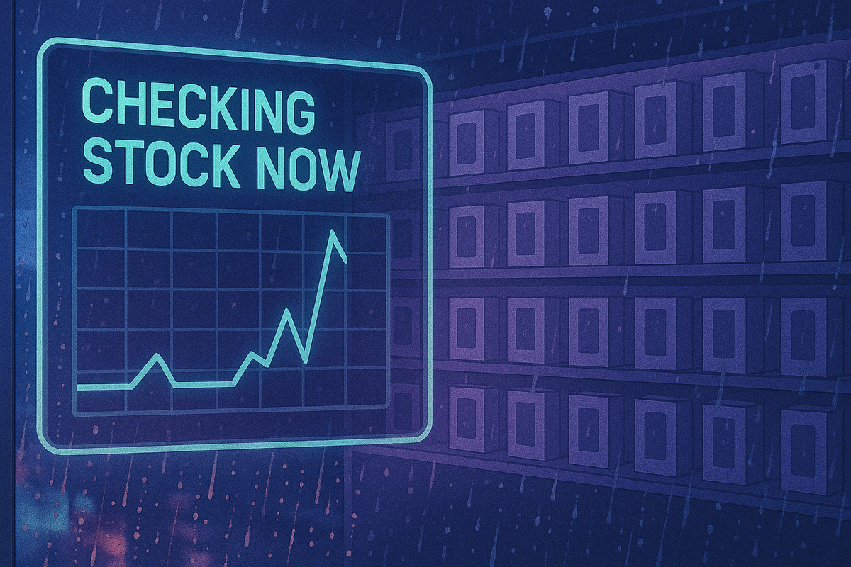 “Checking stock now” neon panel with a spiking line graph against rainy window and shelves of plain phone boxes—restock alert vibes, midnight tension, surging hope