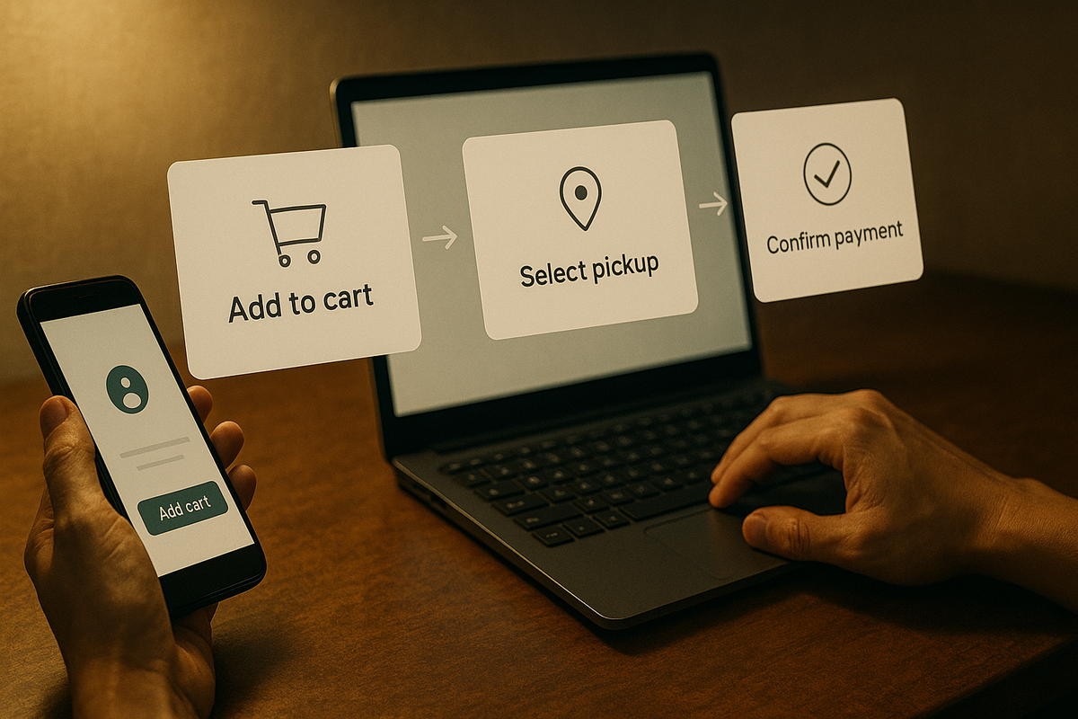 Hands move through Add to cart → Select pickup → Confirm payment—phone and laptop in sync—frictionless step-by-step purchase flow, calm focus, actionable clarity