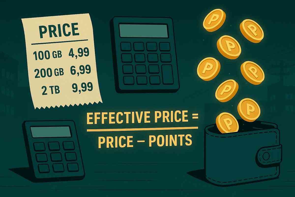 Effective price = price − points—receipt, calculators, and coins pouring into a wallet—transparent savings, smart math, satisfying aha moment for point returns