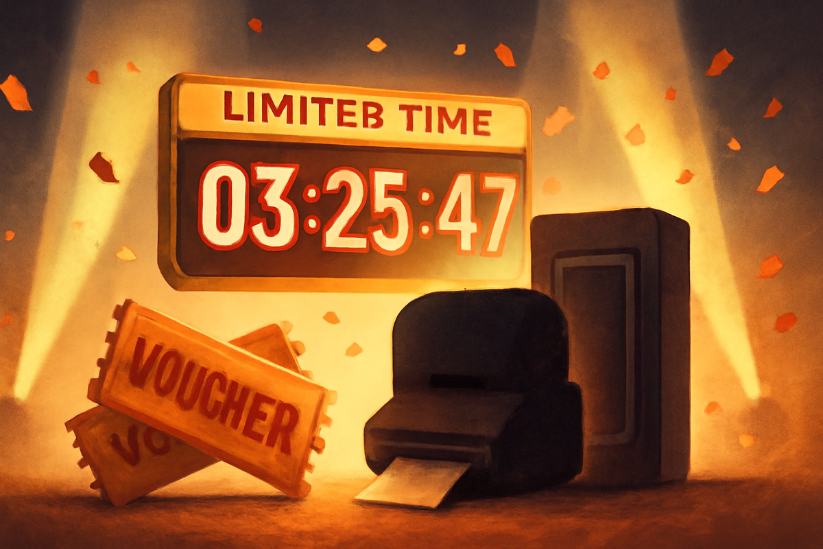 Limited-time countdown with glowing digits, voucher tickets, and a compact photo printer gift—confetti energy, urgency, reward joy, can’t-miss campaign mood