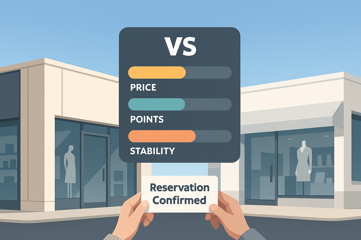Two neutral storefronts with a floating VS board—price, points, stability bars—hands holding “Reservation Confirmed”—decisive comparison, confidence to choose