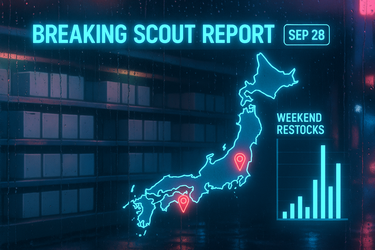 Breaking scout report overlay on rainy glass—Japan map with hot pins (Hokkaido & Tohoku), “SEP 28,” weekend restocks bar chart—real-time Switch2 guerrilla sale intel, tense night energy, hopeful spike