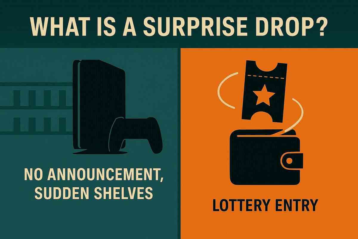 Bold teal–orange comparison—stealth console on shelf vs star ticket dropping into a wallet—what a surprise drop means vs lottery entry, decisive clarity, actionable insight for Switch2 hunters