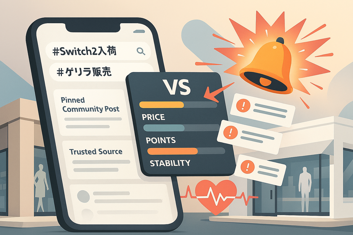 Real-time alert toolkit—phone with #Switch2入荷 and #ゲリラ販売 searches, bell exploding notifications, VS comparison card, heartbeat line—trusted-source monitoring, fast signals, adrenaline readiness