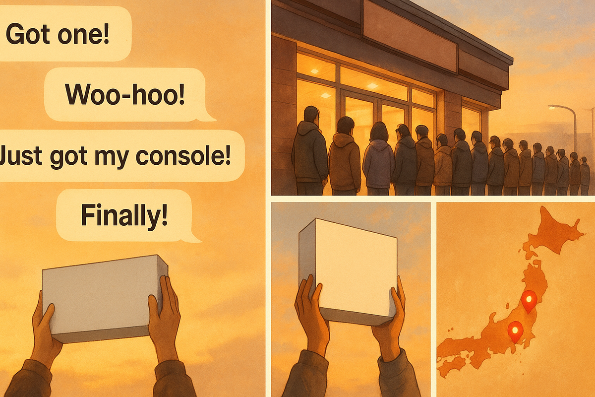Dawn comic collage—long queue, hands lifting a plain console box, chat bubbles “Got one! Finally!”, Japan map pins—real Edion Switch2 purchase joy, warm hope, authentic social proof