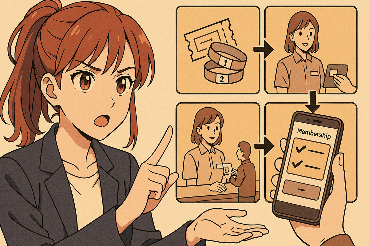 Clear step-by-step explainer—ticket and wristband → ID check → counter → membership app with checkmarks—Edion Switch2 rules made simple, calm authority, zero-confusion guidance