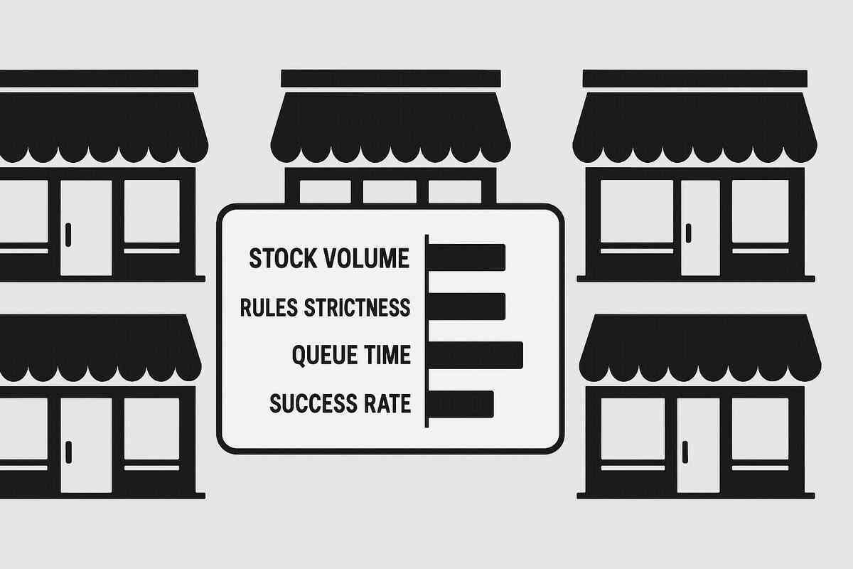 Neutral storefronts with a bold comparison board—stock volume, rules strictness, queue time, success rate—choose the best retailer for Switch2, decisive, data-driven confidence