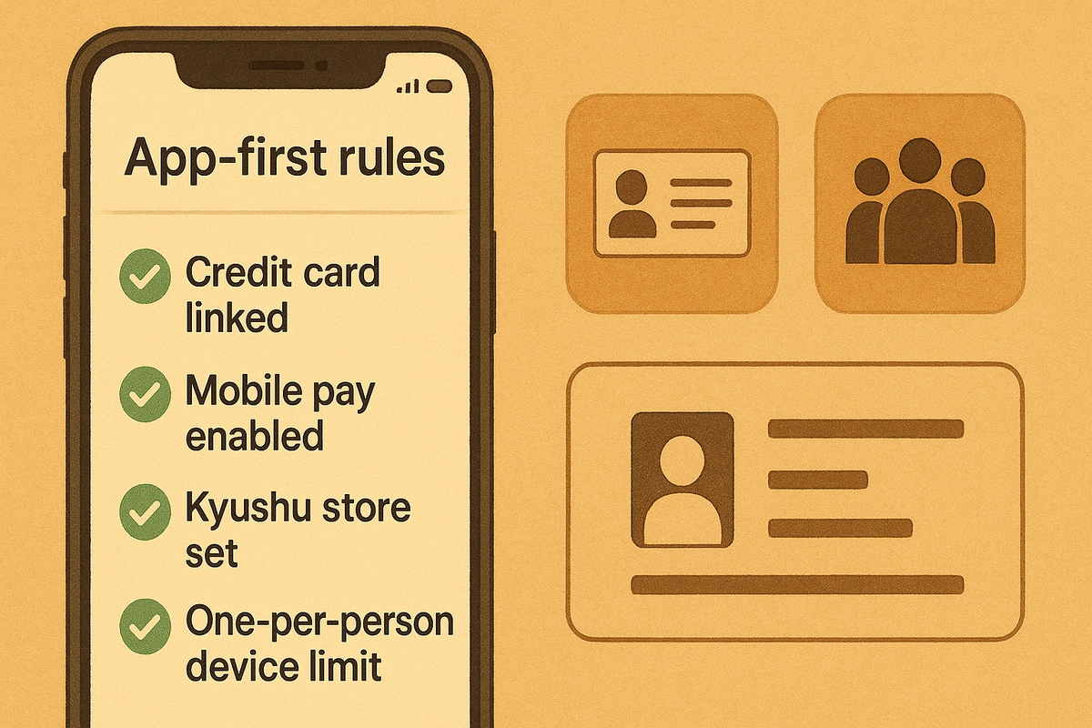 App-first rules checklist on phone—credit card linked, mobile pay enabled, Kyushu store set, one-per-person limit—ID and family icons nearby—clear requirements, zero-confusion guidance, calm authority