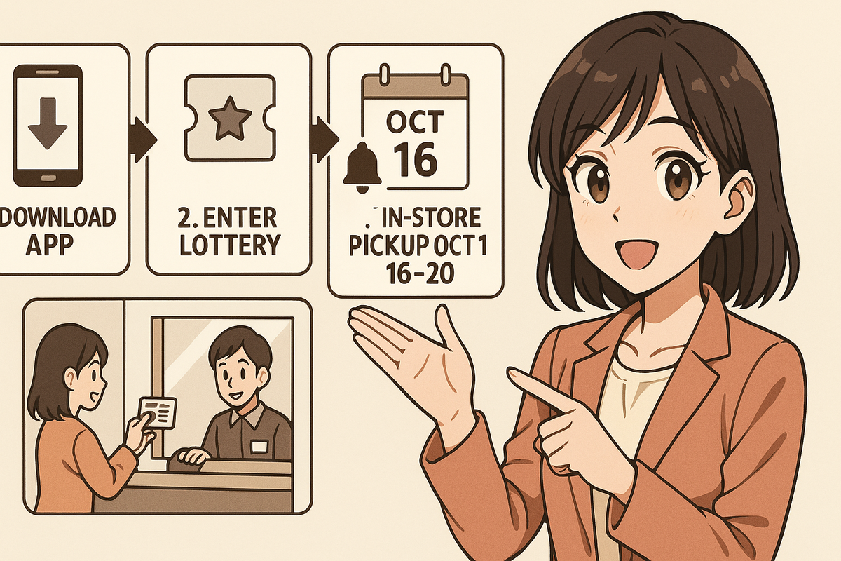 Step-by-step timeline: Download app → Enter lottery → Result Oct 15 → In-store pickup Oct 16–20—calendar and reminder bell—smooth path from application to victory, reassuring momentum