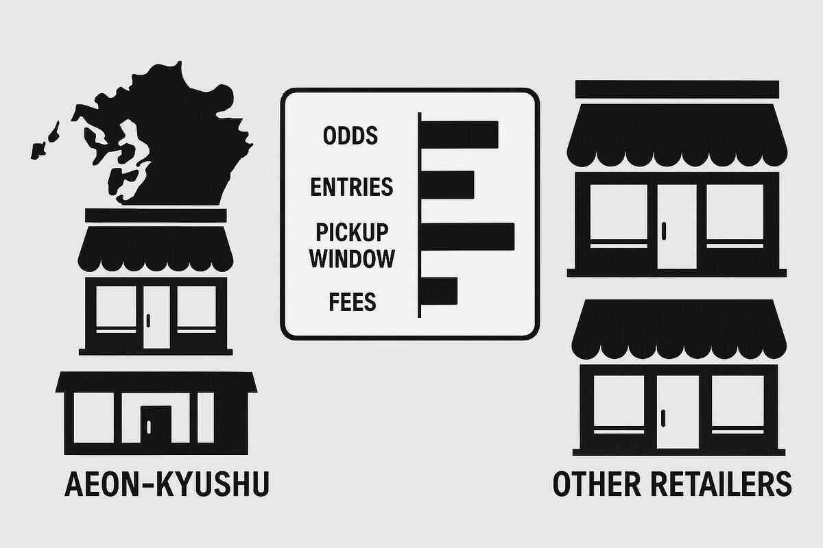 Aeon-Kyushu vs other retailers—neutral storefront icons with comparison bars for odds, entries, pickup window, fees—data-driven head-to-head that spotlights the smartest bet