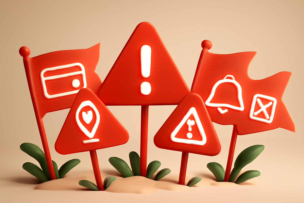 Five red warning signs—unlinked card, region pickup issue, missed deadline, notifications off, duplicate entry—friendly caution vibes that shout: avoid these traps to win