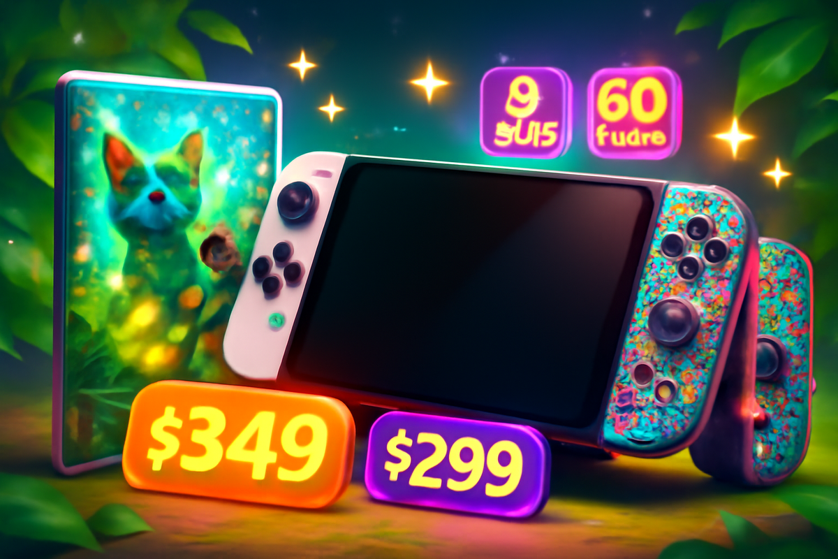 Limited bundle allure—sleek handheld console with themed dock/controllers, glowing spec badges “8-inch OLED” and “60fps,” price delta vs standard—sparkling excitement, premium feel, real value tease