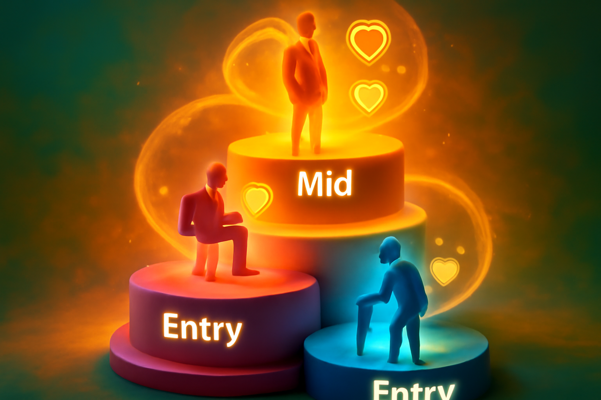 Three glowing podium tiers—Entry / Mid / Flagship personas with warm hearts—price-segment ladder that radiates guidance, confidence, and clarity