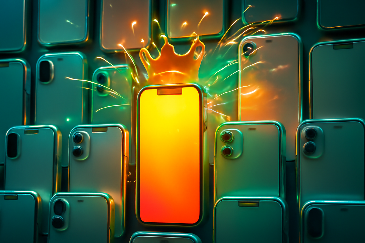 Crowned “Pro” smartphone glowing amid muted models—new-model buzz, Pro vs Standard split, feather-light “Air-like” idea—celebratory hype energy