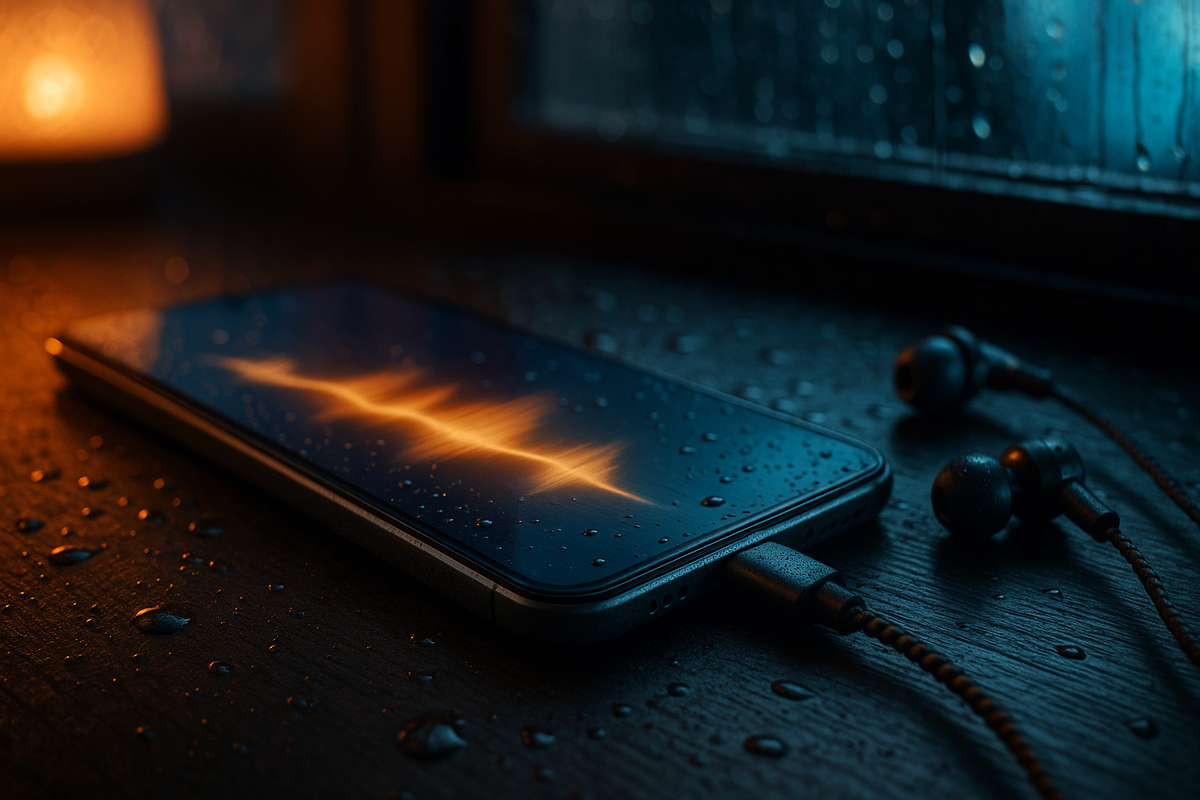 Moody close-up of a USB-C smartphone and wired earbuds under rain droplets—glowing waveform on screen, zero-lag, lossless sound, cozy night energy