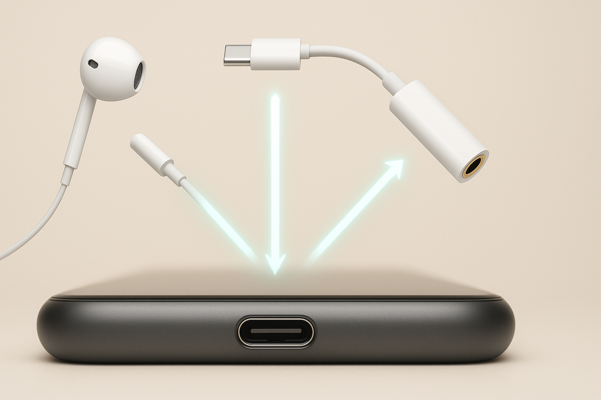 Clean beige diagram of a USB-C phone port with three glowing arrows—USB-C earbuds, USB-C to 3.5mm dongle, and 3.5mm jack—simple, crystal-clear connection guide