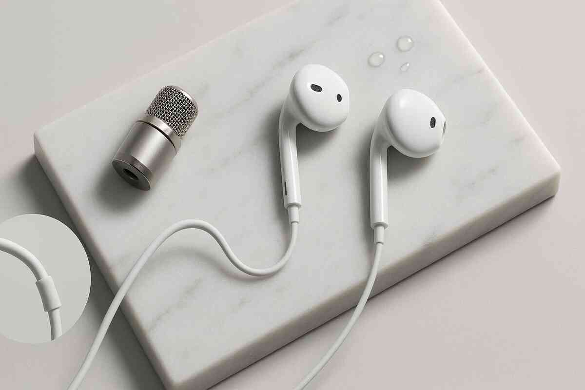 Minimal marble layout with wired earbuds and metal mic capsule—comfort fit, drip-resistant build, durable strain relief—calm, premium, trustworthy vibes