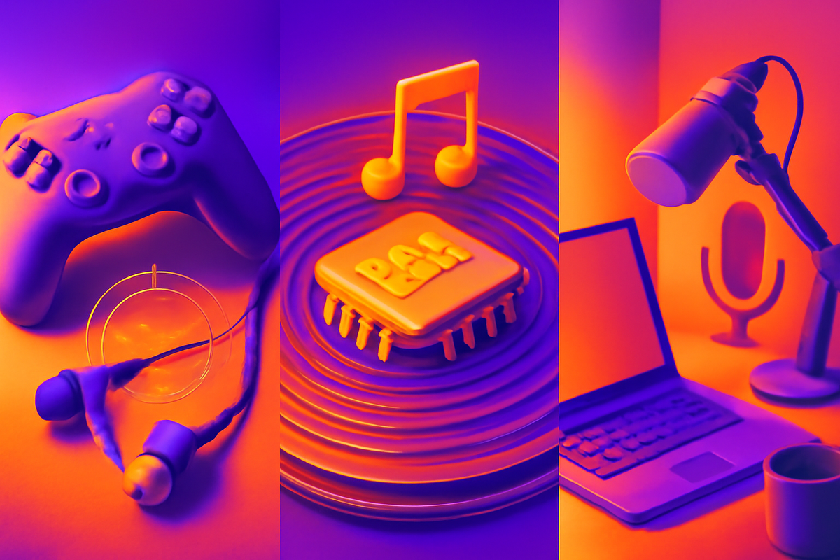 Vivid split-panel: gaming controller with earbuds, music DAC icon, and desk microphone—three use cases for wired earphones: low-latency play, pure music, clear calls
