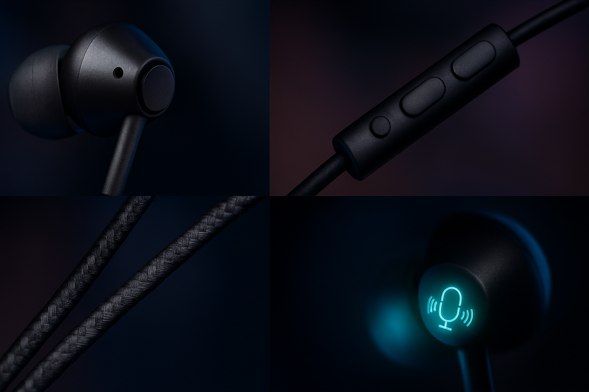Cinematic macro collage of black in-ear monitors—braided cable, inline remote, mic icon glowing—tactile quality, crisp controls, confident everyday performance