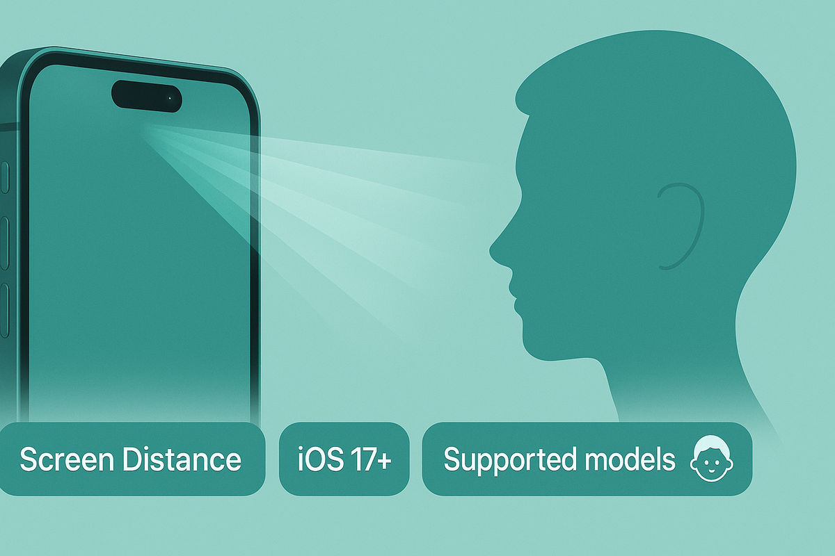 Minimal graphic: smartphone projecting depth-sensing rays to a face silhouette—Screen Distance feature explained, OS 17+ vibe, child-safe protection with calm, reassuring tone