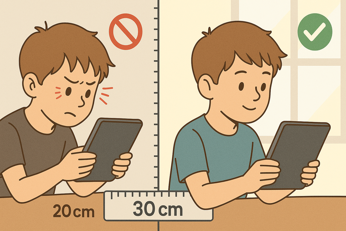 Side-by-side kid illustration—20 cm frown vs 30 cm smile with ruler—clear medical-backed rule for healthier viewing distance, gentle parent-friendly guidance
