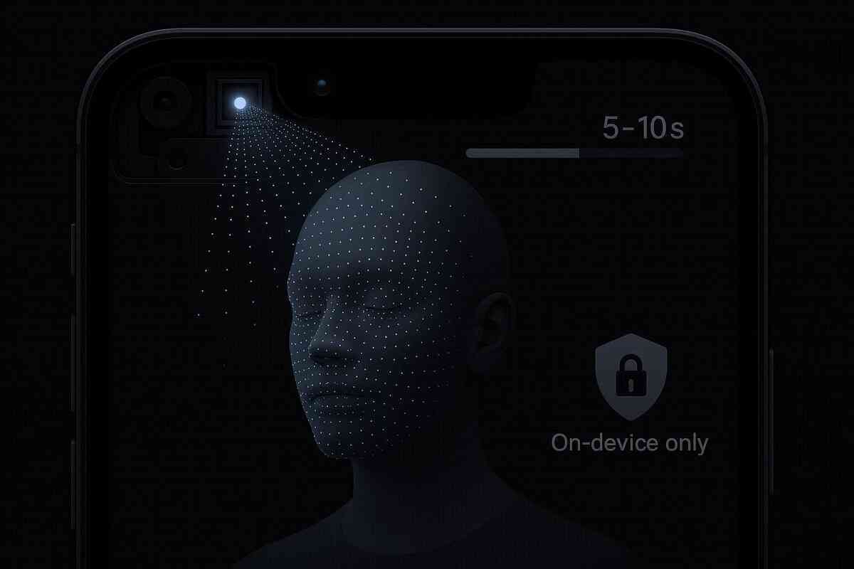 Dark privacy scene: dot-matrix depth sensor scanning a face with “on-device only” shield and 5–10 s bar—secure, private distance detection that feels protective and trustworthy