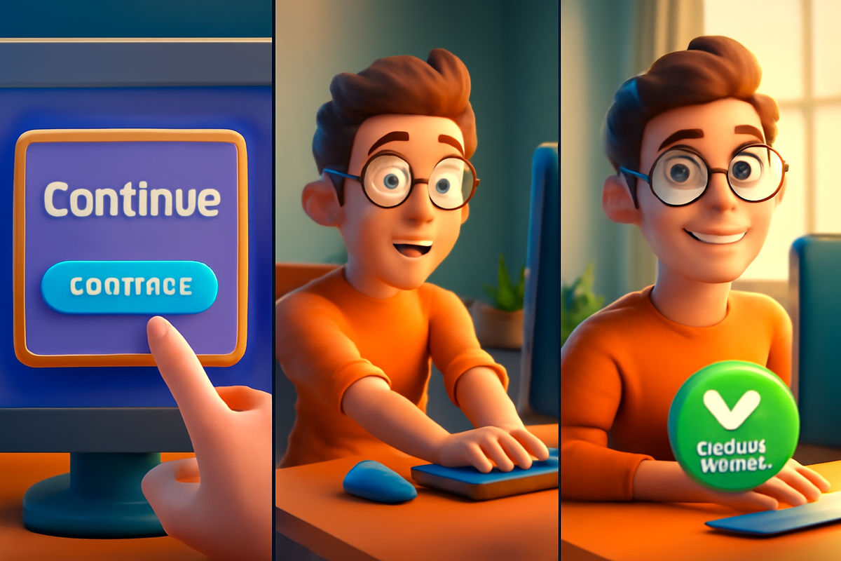 Three-panel storyboard—tap “Continue,” sit back to 30 cm, green check—simple, kind coaching to recover from the warning and relax your eyes