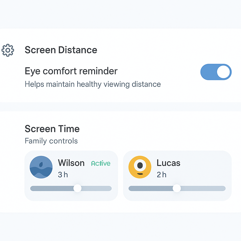 Settings UI with “Screen Distance” eye-comfort toggle and Family controls—easy path to manage reminders for kids and adults, calm clarity for healthier habits