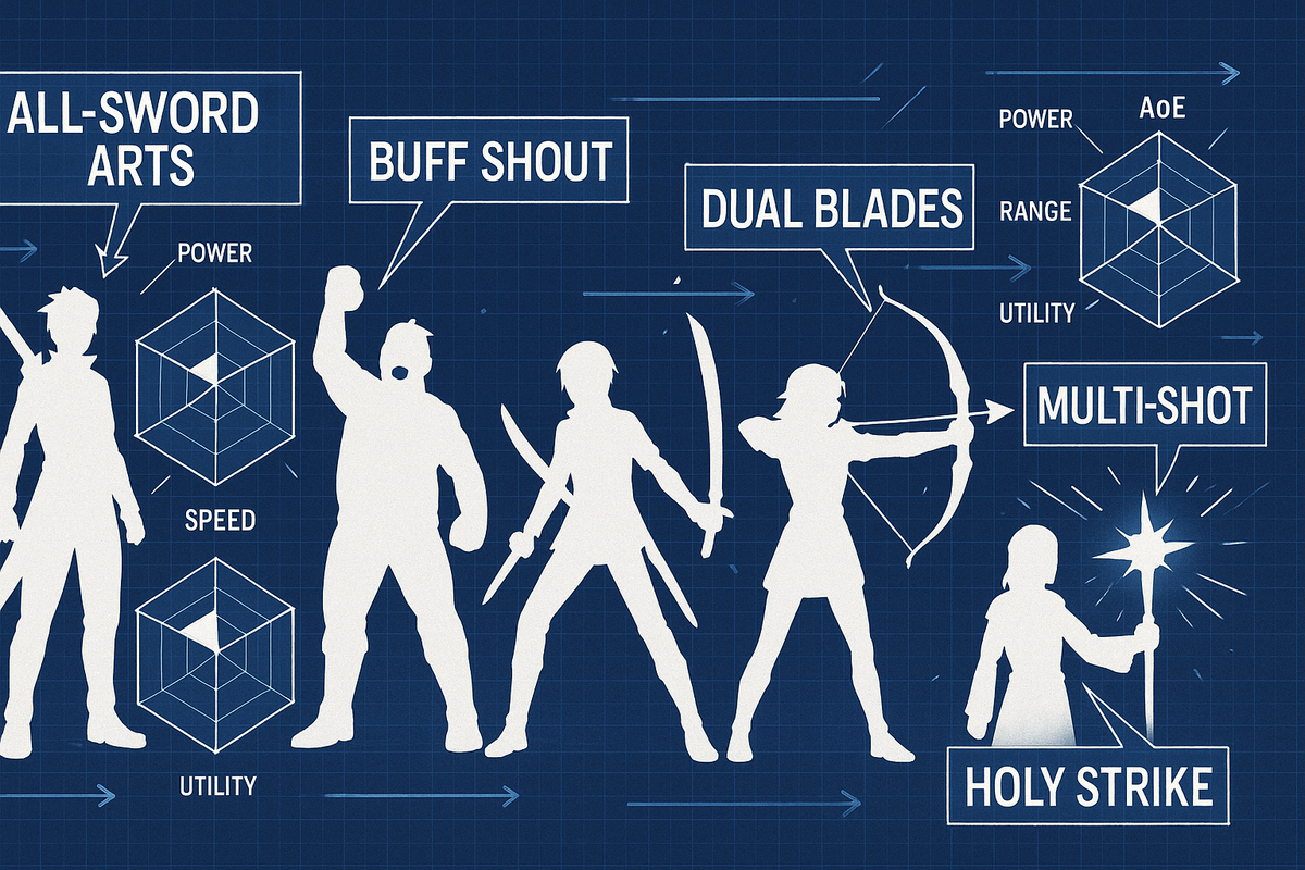 Blueprint lineup of five classes—labels: ALL-SWORD ARTS, BUFF SHOUT, DUAL BLADES, MULTI-SHOT, HOLY STRIKE—radar charts for power/speed/utility—clean visual breakdown of why each character feels overpowered