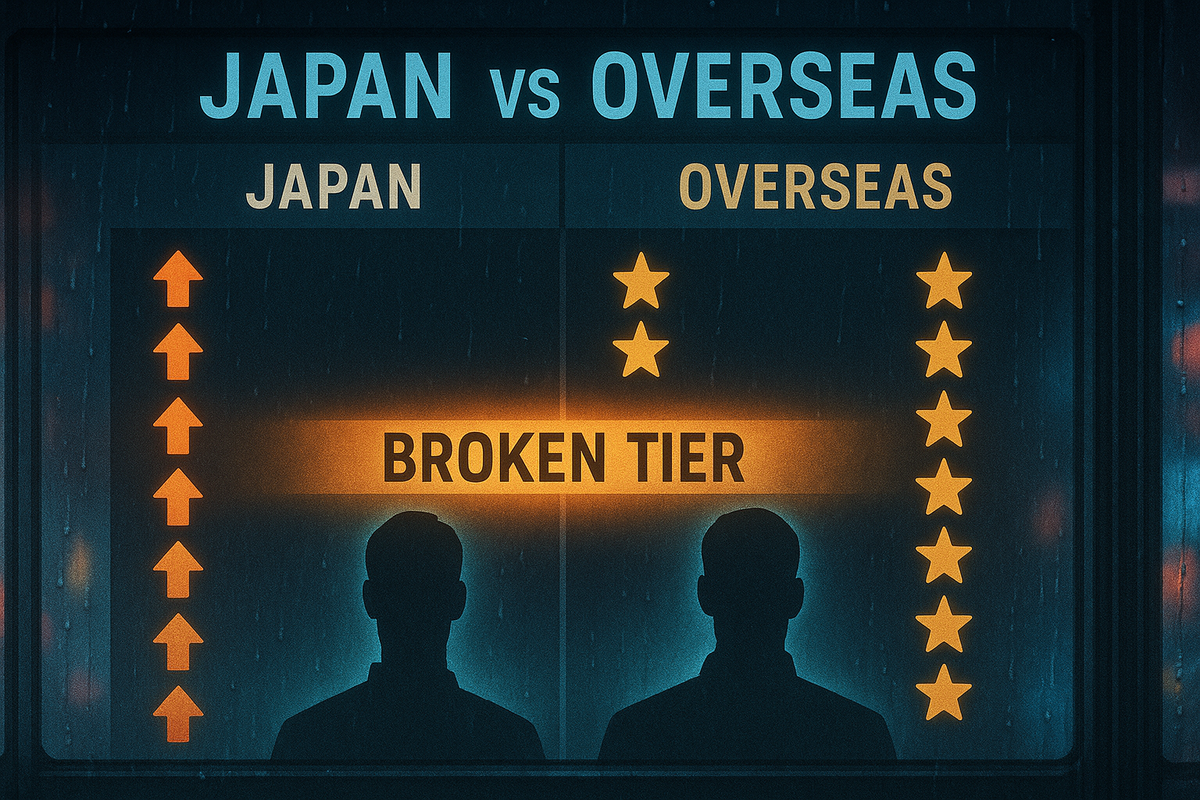 Japan vs Overseas comparison panel in neon—up arrows vs star ratings, big “BROKEN TIER” glowing—heated global debate on the strongest FFT characters, hype-charged showdown