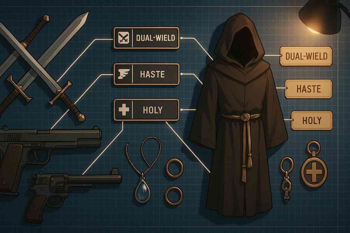 Build planner workbench—crossed swords, sidearms, monk robe, trinkets—paths tagged DUAL-WIELD / HASTE / HOLY—practical loadout map for crafting unstoppable endgame sets, gritty strategy mood