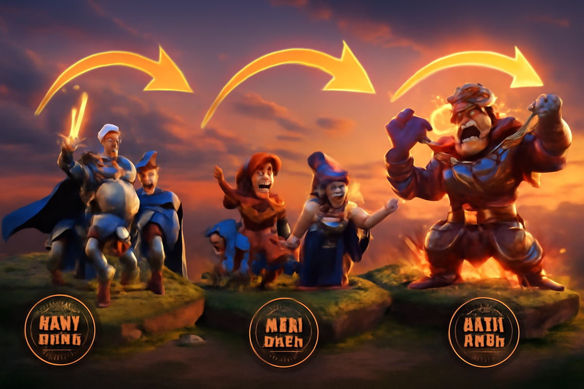 Sunset diorama of party progression—early game squad → mid game mages → late game colossal boss-killer—arching arrows show the flow—story chapter roadmap with triumphant, cinematic momentum