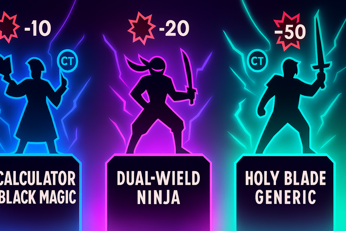 Neon podium of meta builds—CALCULATOR + BLACK MAGIC, DUAL-WIELD NINJA, HOLY BLADE GENERIC—CT icons and damage bursts—clean, electrifying snapshot of top practical comps for ruthless clears