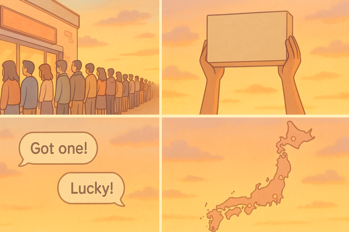 Four-panel story at sunset—long queue → hands raise a plain console box → “Got one! Lucky!” chat bubbles → Japan map—SNS-fueled weekend success reports, warm community buzz, real FOMO