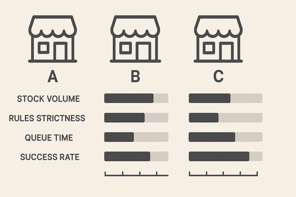 Clean side-by-side retailer comparison—Store A/B/C icons with bars for stock volume, rule strictness, queue time, success rate—decisive visual to pick the easiest place to buy, calm confidence