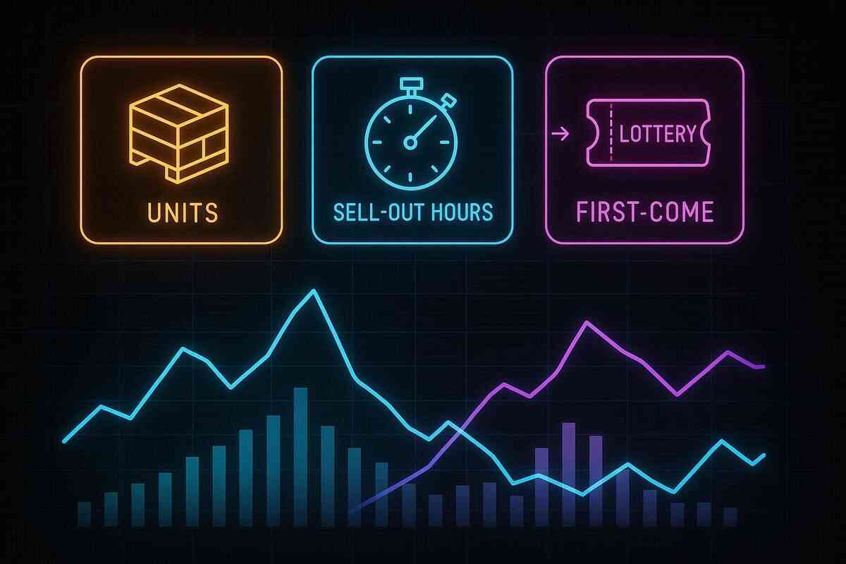 Neon dashboard—Units, Sell-out hours, First-come vs Lottery tiles with rising lines and bars—data-driven weekend analysis of restocks, fast rhythms, electrifying insight energy