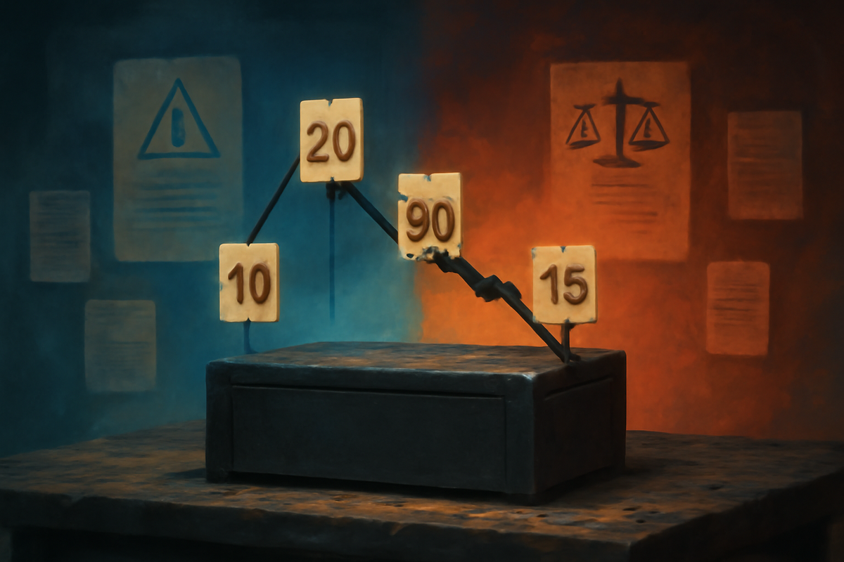 Moody scale tableau—price/quantity placards 10-20-90-15 tilt on a lever against blue-orange backdrop—reseller surge vs fair market balance, tense atmosphere, hard truth revealed