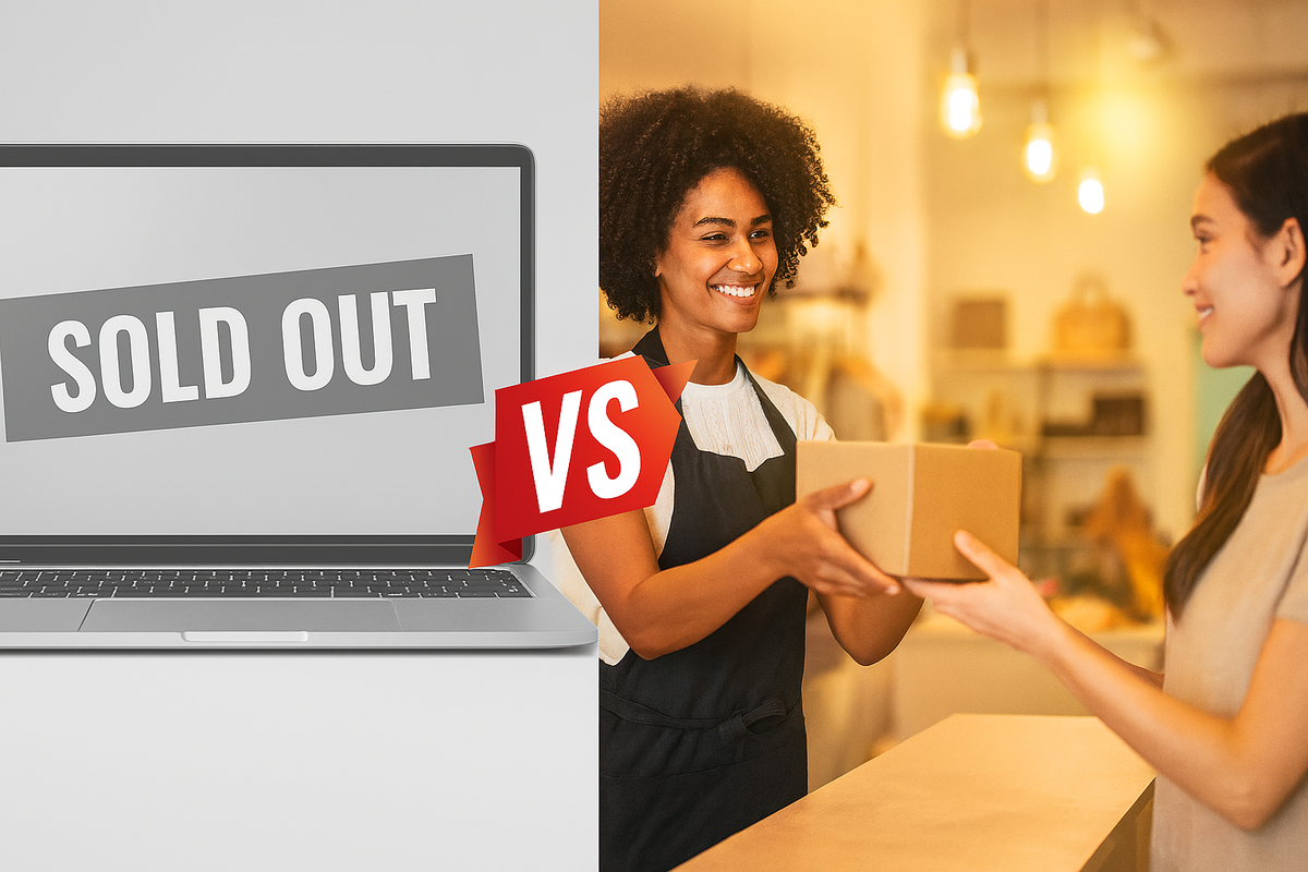 Split scene—left: laptop stamped SOLD OUT; right: smiling clerk hands a plain box to a customer—online vs in-store showdown, practical victory for walk-ins, satisfying payoff