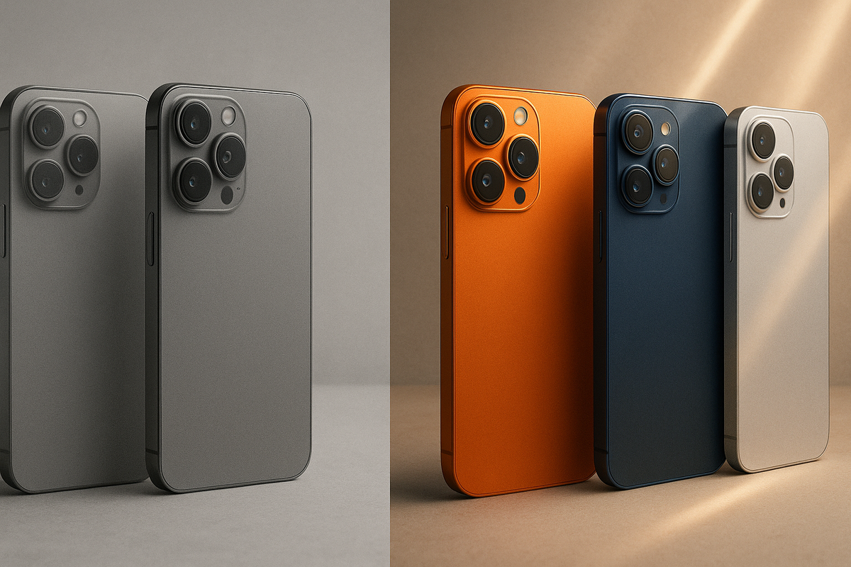 Before-and-after palette split—left muted grayscale past model, right glowing trio in orange, deep blue, and silver—material shift and fresh energy—renewal, clarity, unmistakable upgrade moment