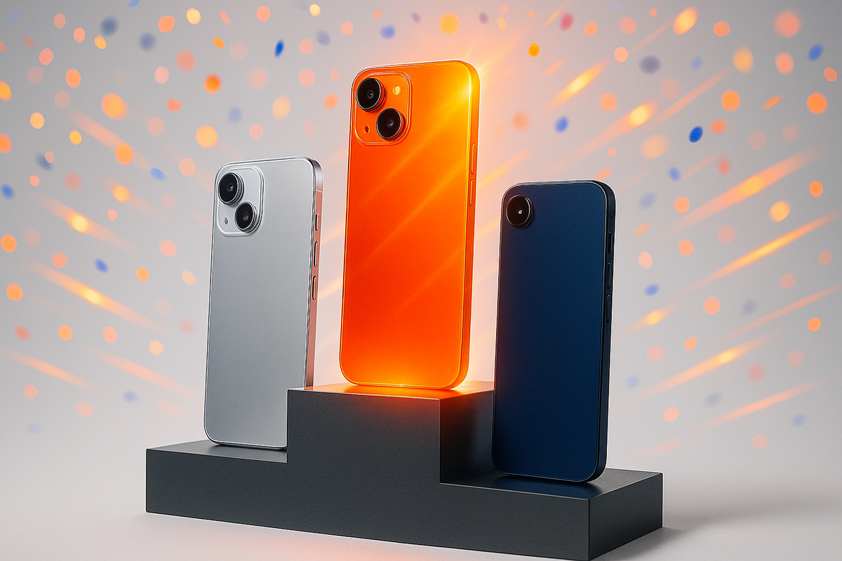 Podium ranking of unbranded phones—orange champion blazing at #1, silver #2, deep blue #3—confetti bursts and speed lines—viral excitement, triumphant hype, can’t-miss popularity heat