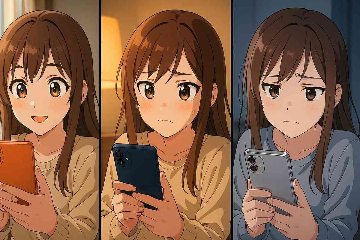 Anime-style triptych of a girl holding orange, blue, and silver phones—happy → unsure → calm expressions—real-life color feelings, cozy lighting—relatable, heart-tugging, decision-making drama