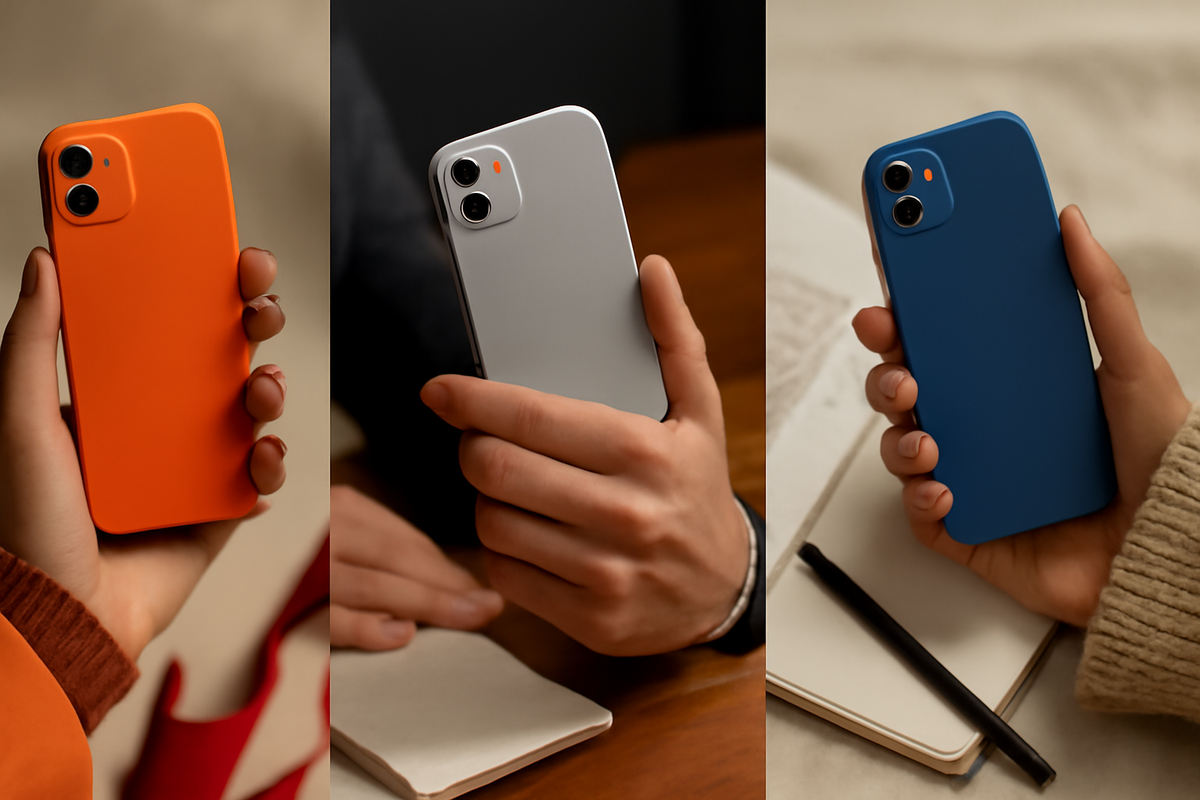 Lifestyle hands holding orange, silver, and blue phones—warm desk, notebook, soft knits—tactile matte finishes—quiet luxury, intimate comfort, human touch that sparks “this is mine” emotion
