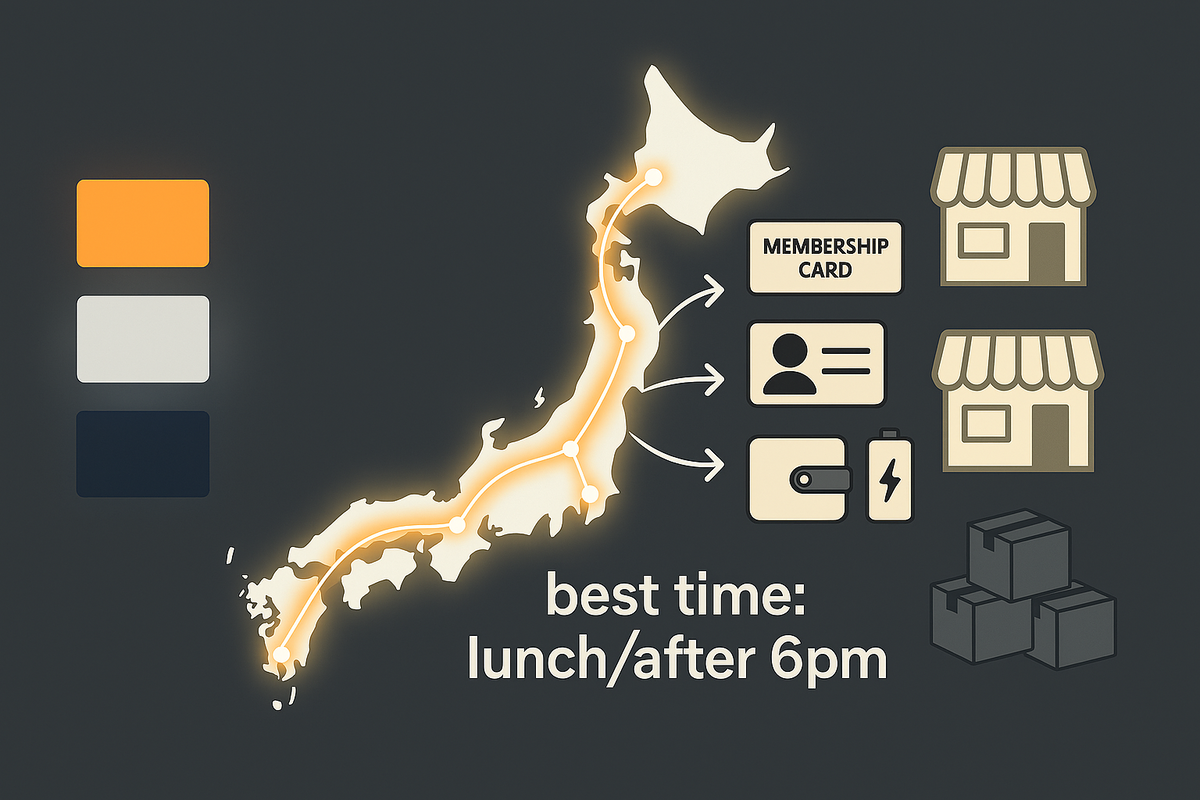 Stylized Japan map with glowing delivery routes, color chips (orange/silver/blue), stores and boxes—stock flow and timing cues—anticipation, FOMO tension, nationwide availability pulse