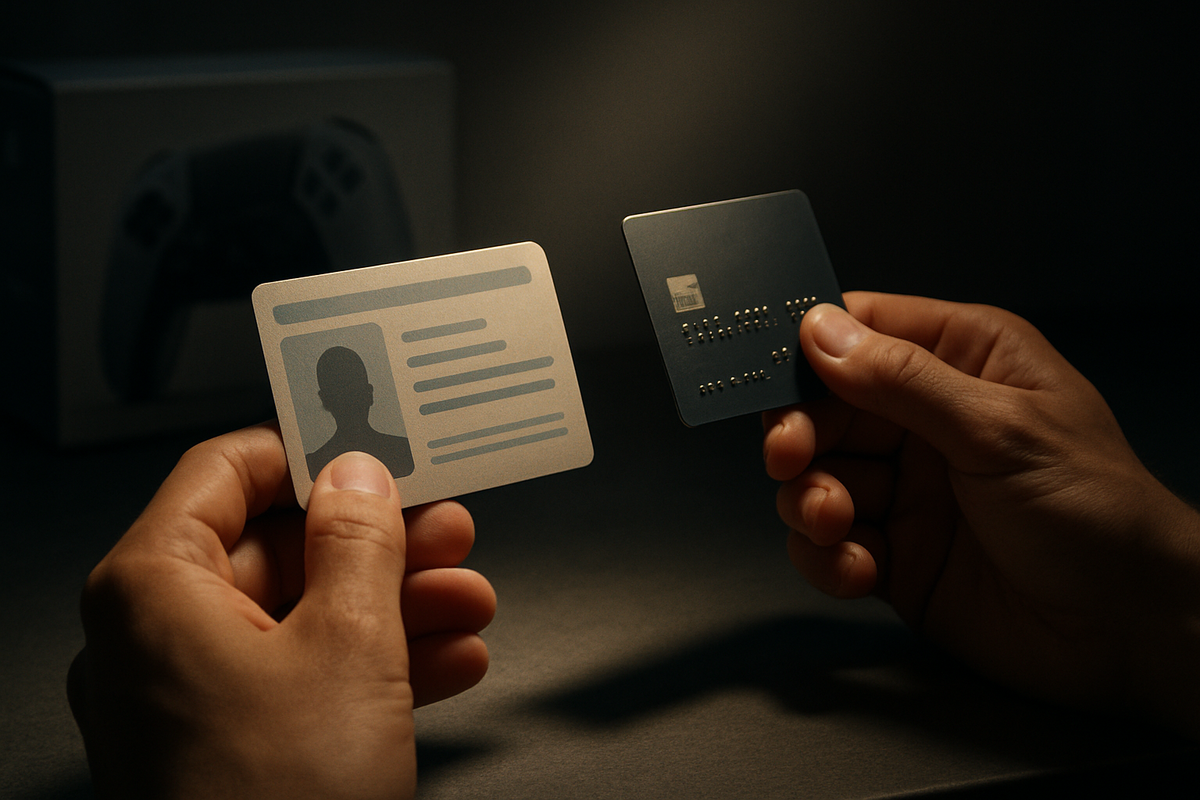 Close-up hands presenting photo ID and a partner credit card at the counter—must-have requirements for BicCamera in-store reservations—tense approval moment, real-world checklist energy