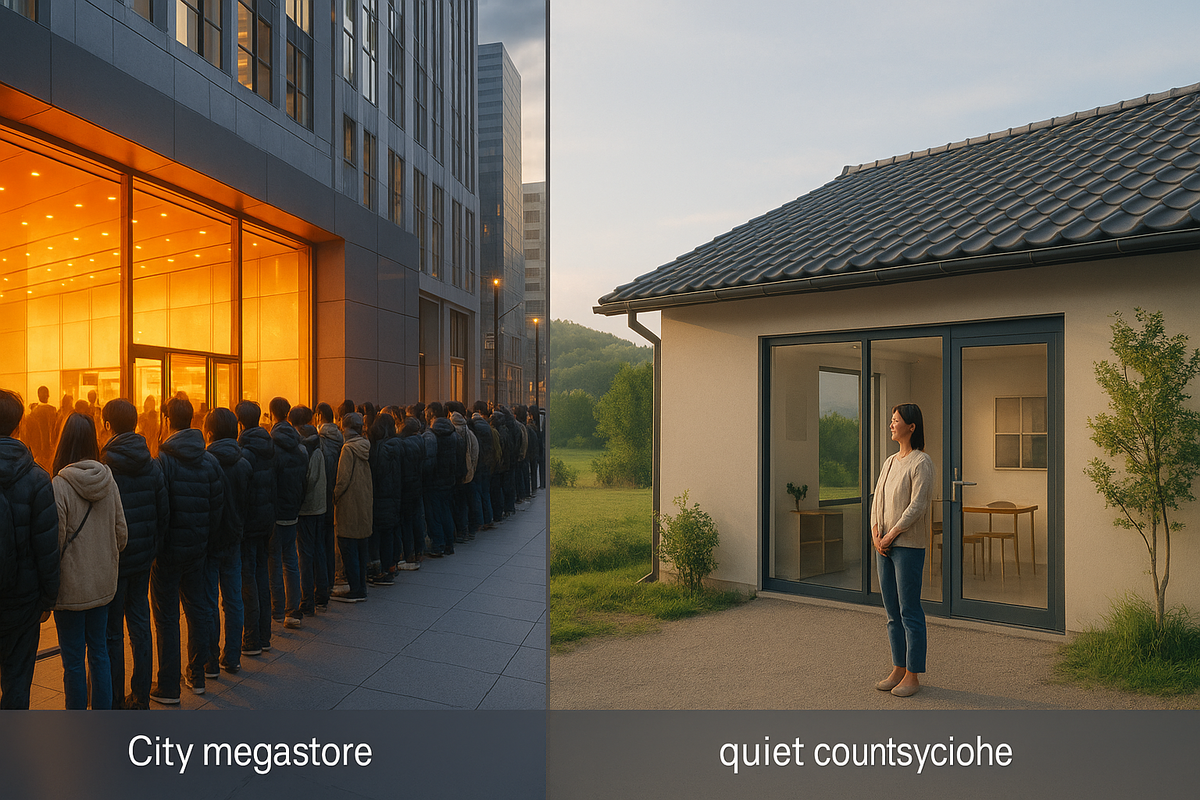 Split screen: long dawn queue at a glowing city megastore vs calm afternoon outside a quiet rural shop—urban vs countryside strategy for Switch 2 Pokémon bundle—hope vs pressure, smart hunting vibes