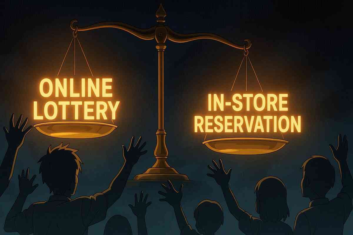 Golden balance scale: “Online Lottery” vs “In-Store Reservation” with hopeful hands reaching up—odds, difficulty, and strategy in one decisive visual—suspenseful choose-your-path energy