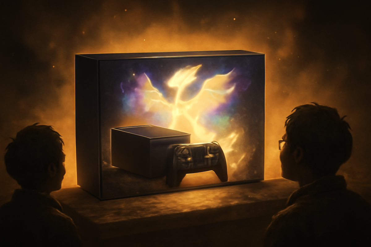 Unbranded console bundle box lit by a mythical, Pokémon-like aura—rare limited design, collector fever, shimmering wonder—why the Switch 2 Pokémon set ignites desire