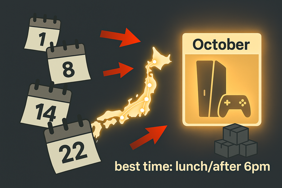 October restock roadmap—floating calendar dates, glowing Japan map with arrows to stores, boxes stacking—best time lunch/after 6pm—anticipation, nationwide drop rhythm, don’t-miss momentum